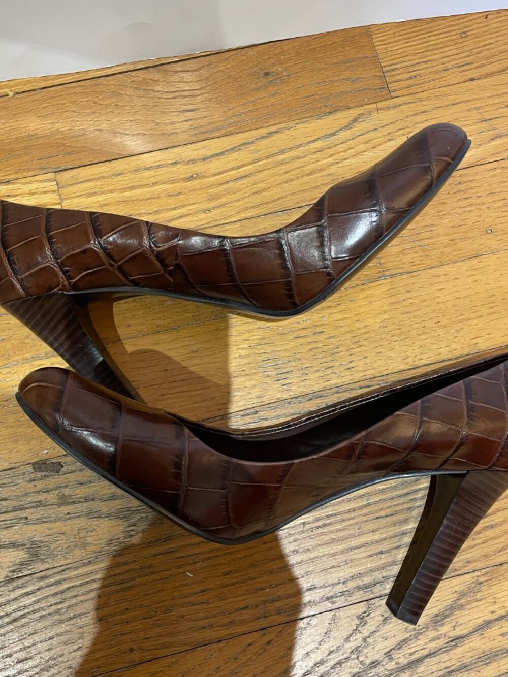 LAUREN Ralph Lauren Brown Leather Croc Embossed 3.75 Heel S 10 - Picture 4 of 9
